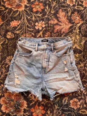 Express Light Blue Distressed High-Rise Jean Shorts